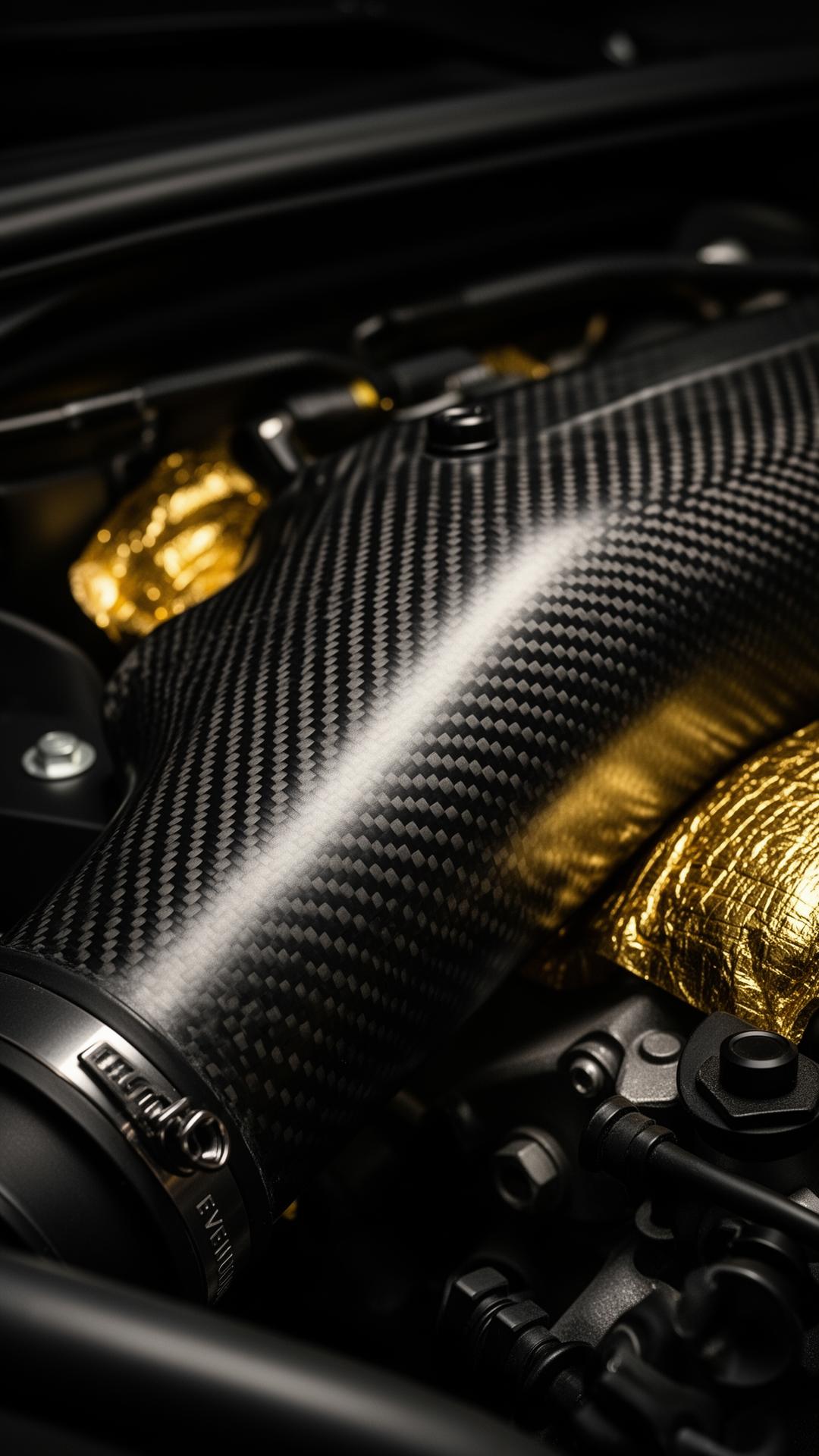 Close-up of carbon fibre cold-air intake hardware engineered for European performance platforms